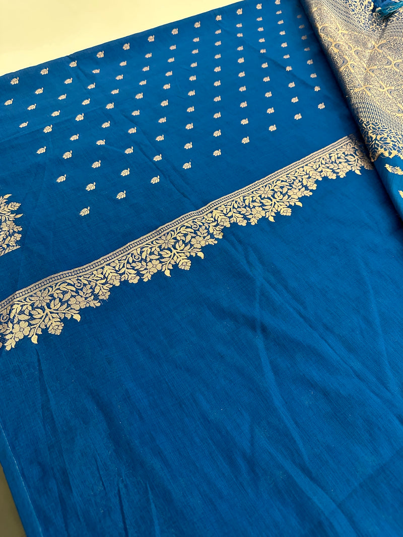 Venkatagiri fancy soft Linen Cotton sarees with self blouse and fancy Border and Butties all over 🌹-AU9