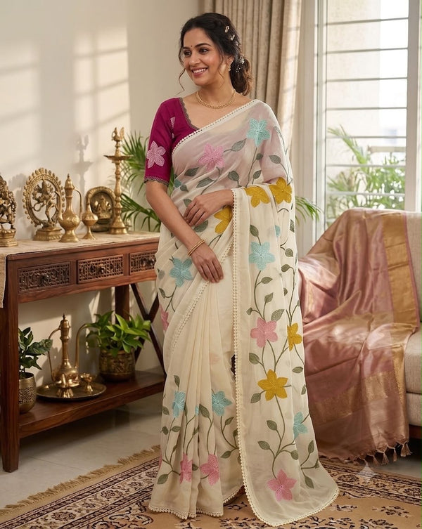 Start Georgette Saree With Embroidery Work-J30