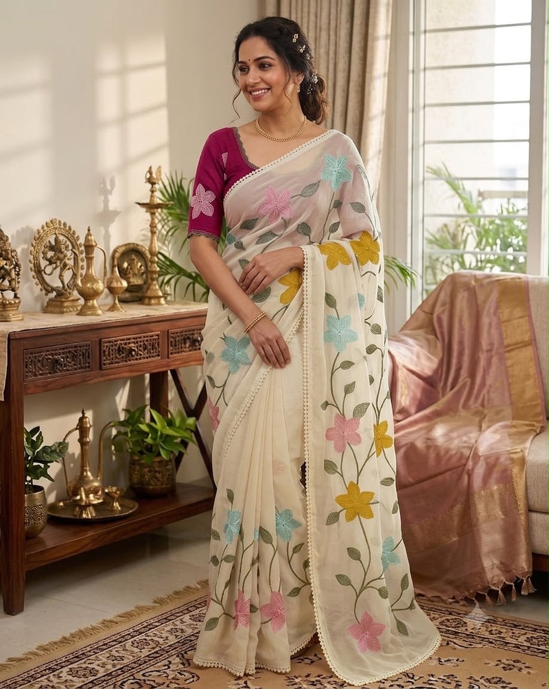 Start Georgette Saree With Embroidery Work-J30