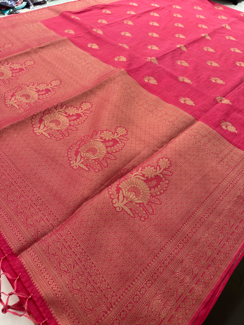 Venkatagiri fancy soft Linen Cotton sarees with self blouse and fancy Border and Butties all over🌹 - AU12