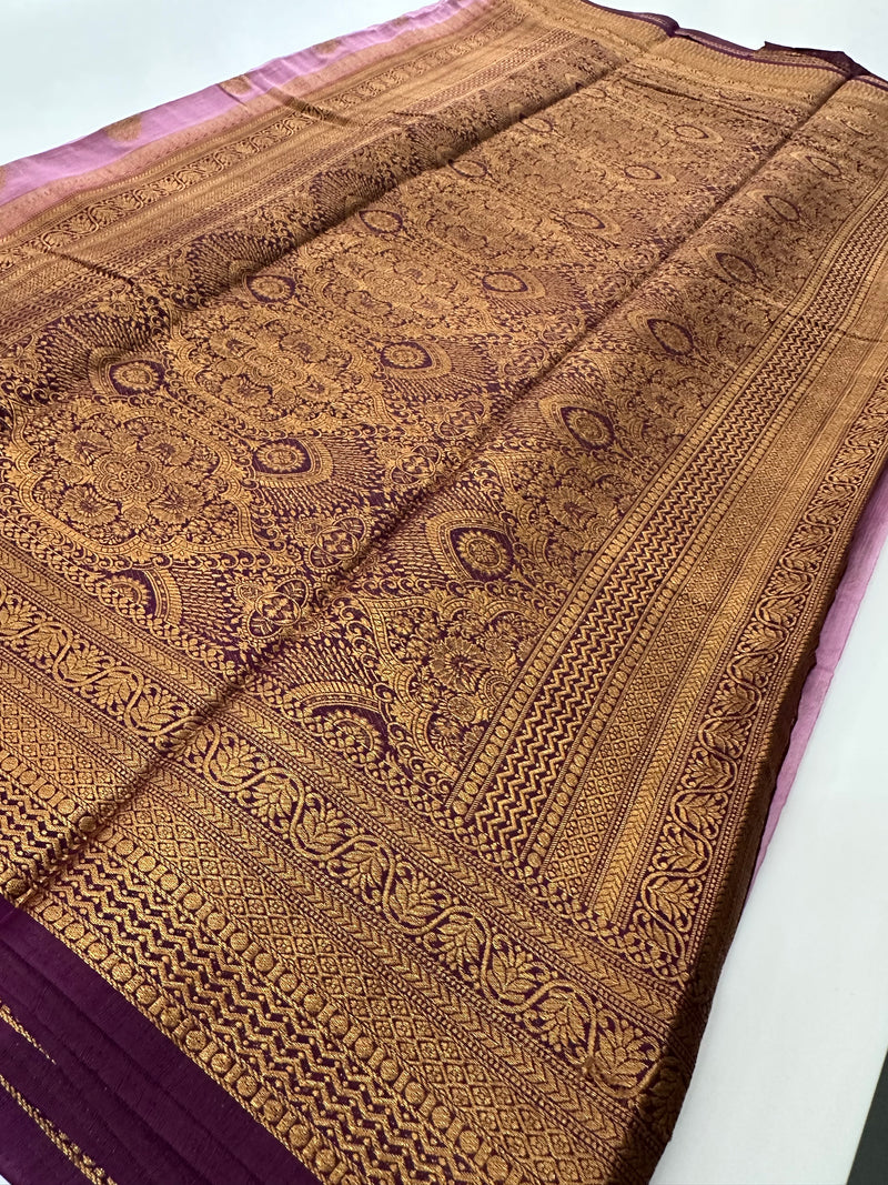 Baby Pink x Purple Tussar Cotton Saree with Double Leaf Butta All Over JU24