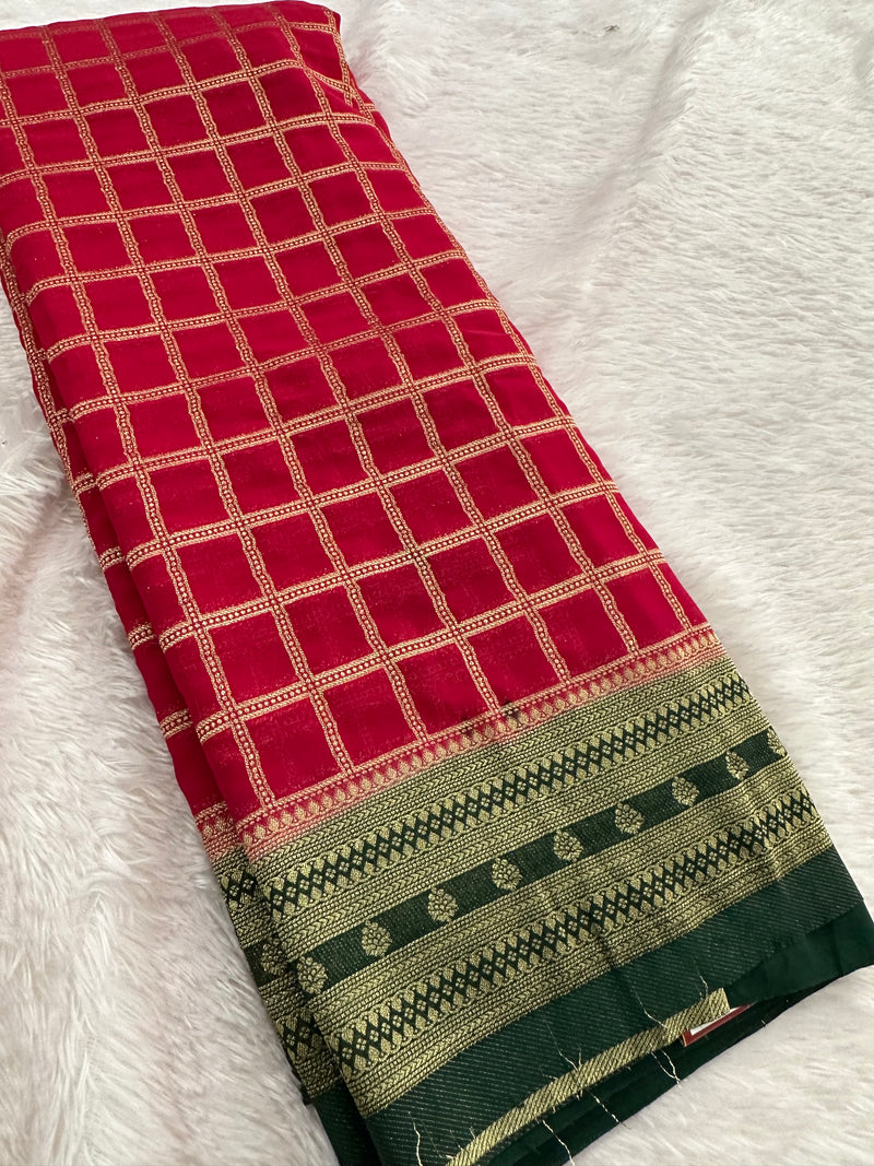 Premium Georgette Sarees In Checks Zari and Small Border with Contrast Blouse Piece 🌹-JU18