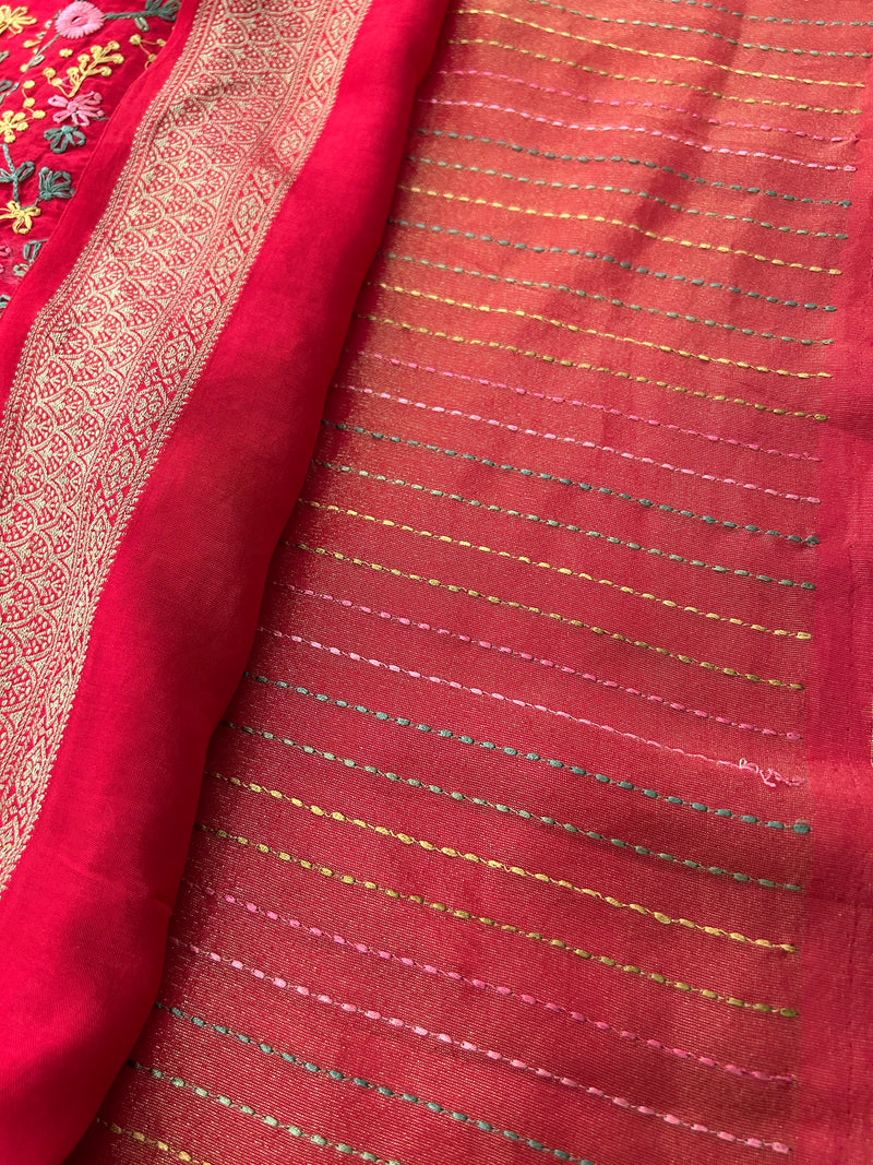 Katha And Jari Border Embroidery Sarees,, Fabric-Crepe Tussar,, Katha Style Blouse Piece🌹-JU30