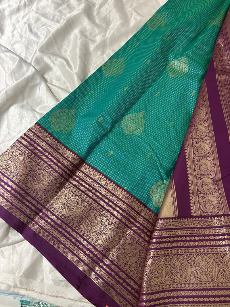 JU18 - Rama Green X Purple Checks Semi Silk Saree