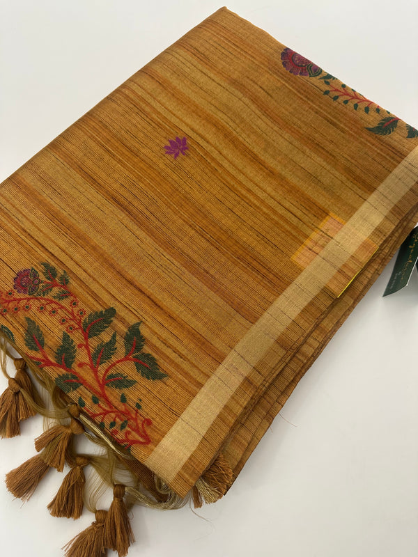 Tussar Silk Designer Saree Honey Shade-JU4