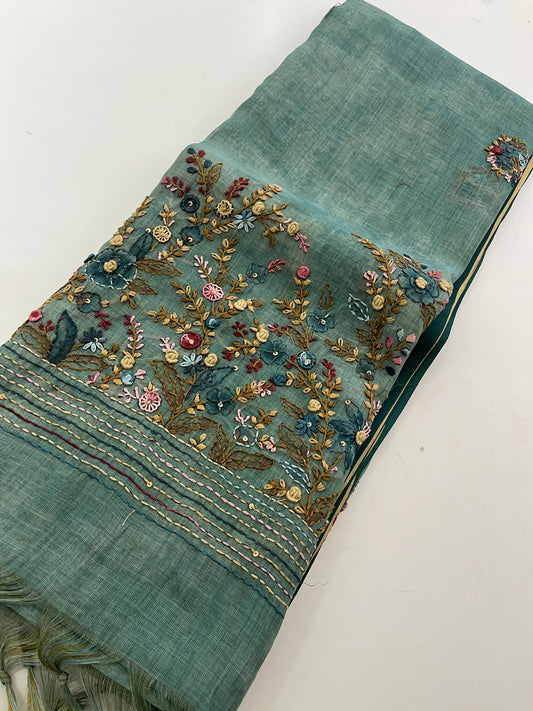 Linen Embroidery Fancy Saree