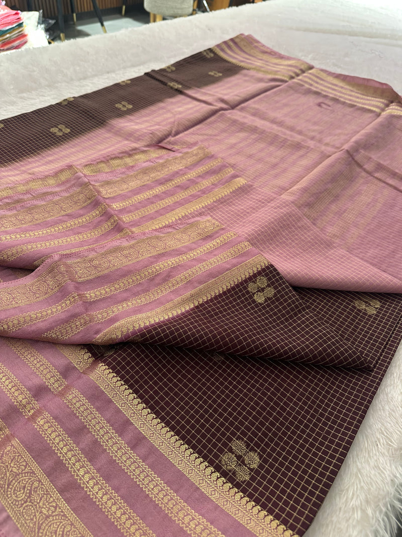 Semi Crepe Checks Saree - Brown x Pink AU25