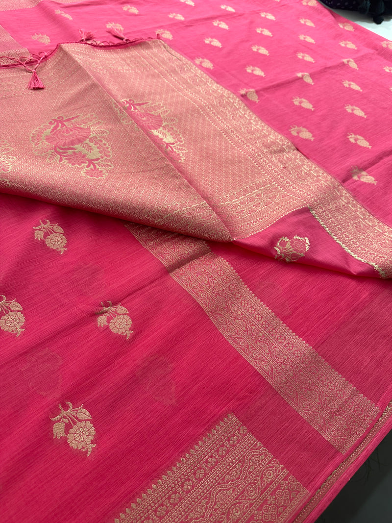 Venkatagiri fancy soft Linen Cotton sarees with self blouse and fancy Border and Butties all over🌹 - AU12