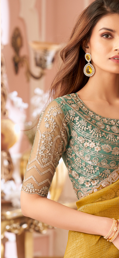 Designer Mustard X Teal Georgette Saree