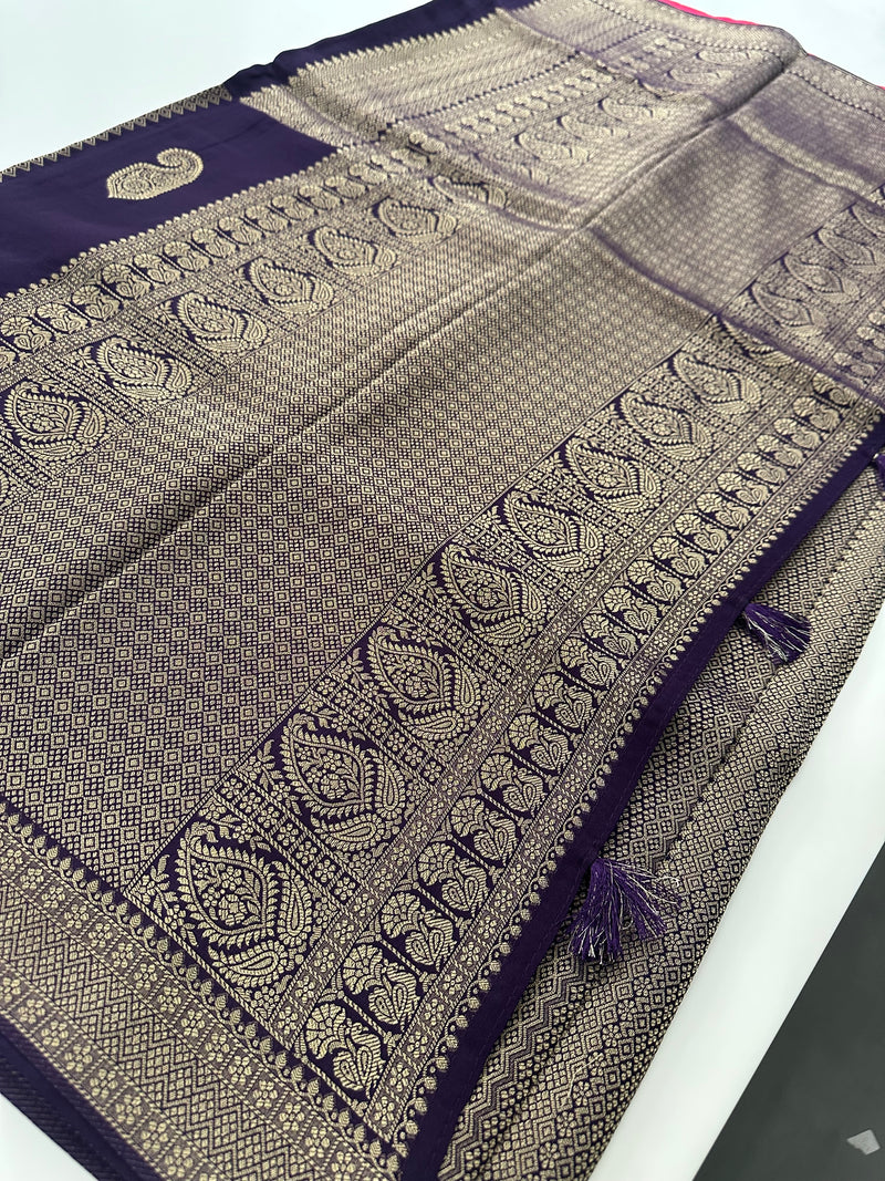 Purple x Pink Tussar Designer Saree with Mango Butta All Over JU24