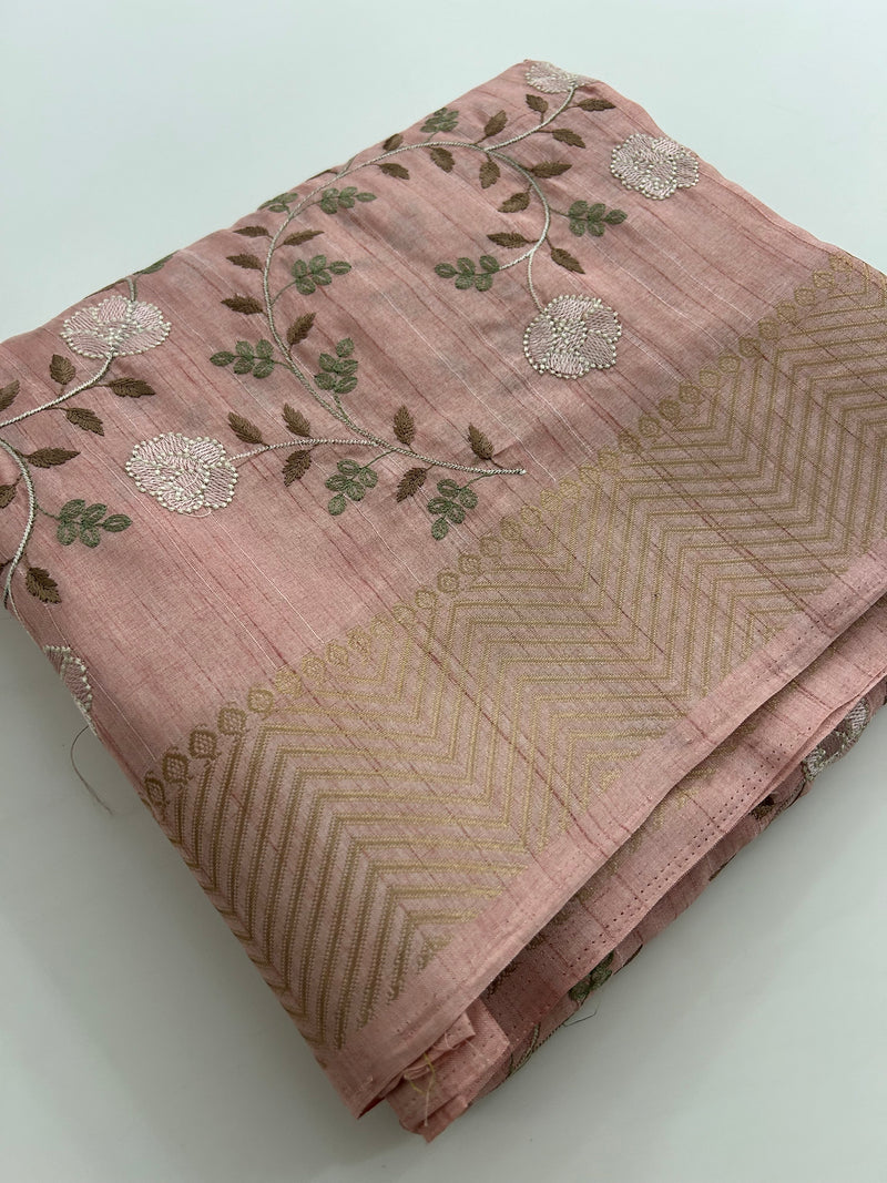 🌹Tussar Silk Sarees in Full Embroidery Work With Self Pattern Blouse 🌹
JU23