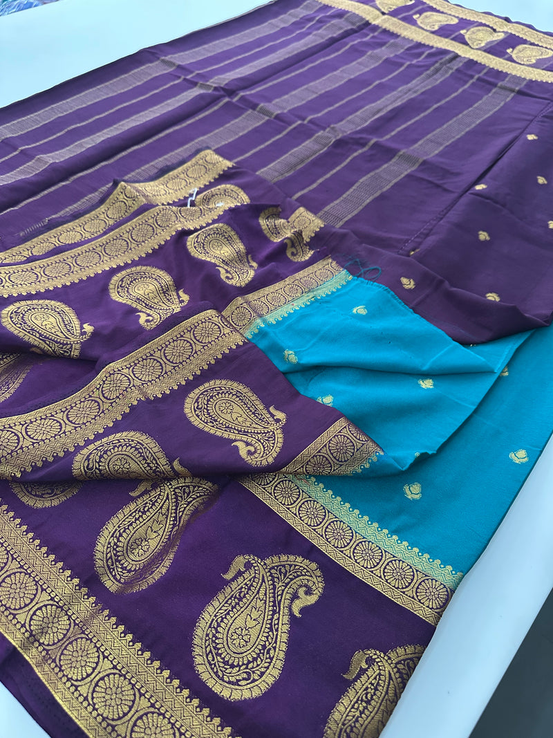 Vintage Semi Crepe Silk Saree with contrast butti blouse and mango border-Au15