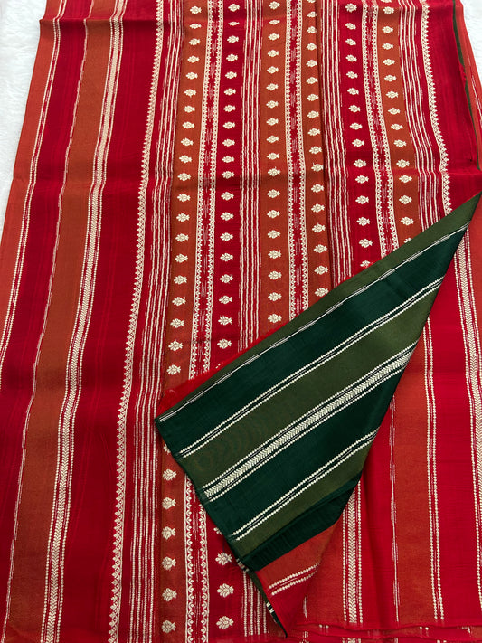DESIGNER PARTYWEAR SAREE WITH CONTRAST BLOUSE-RED X GREEN