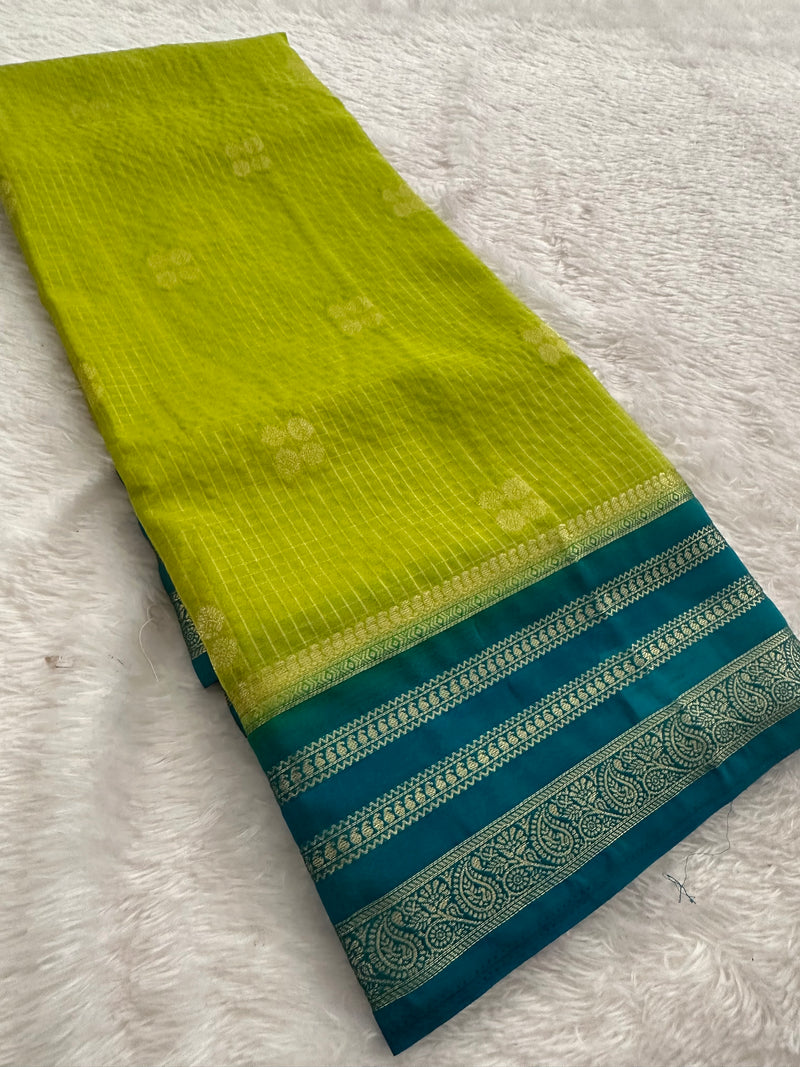 Semi Crepe Checks Saree - Green x Blue AU25
