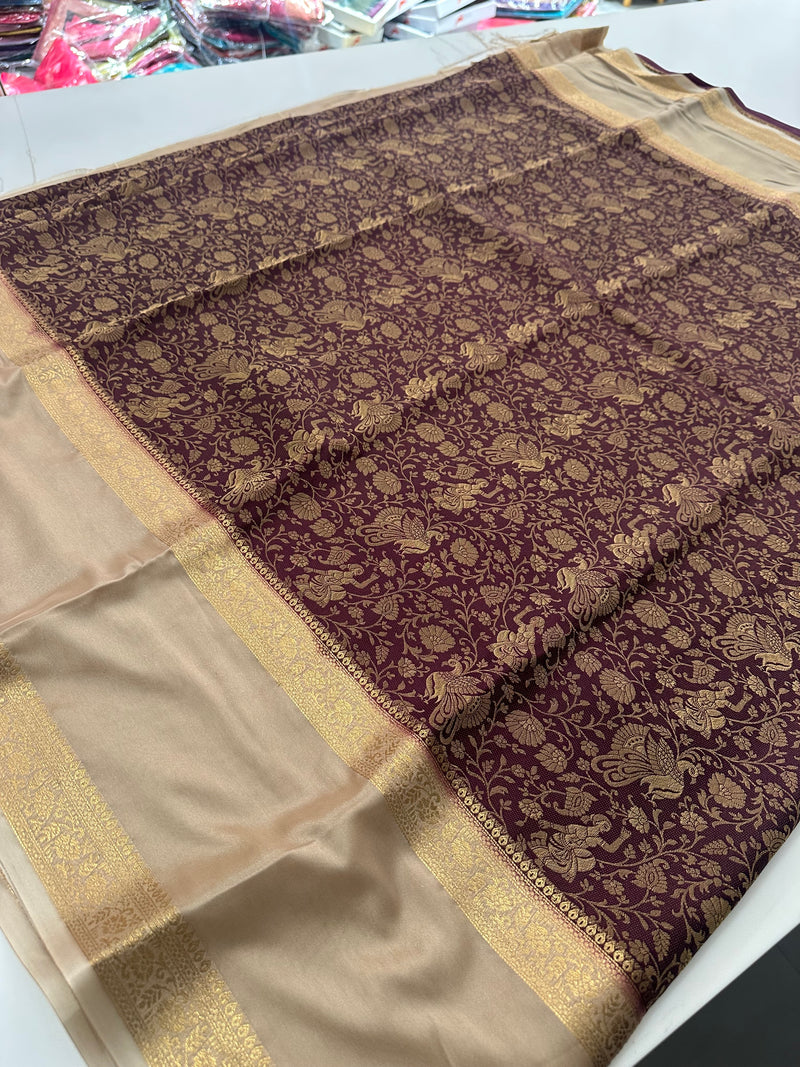 Crepe Silk Brocade Fancy Saree,, contrast border and contrast blouse piece 🌹 - AU10