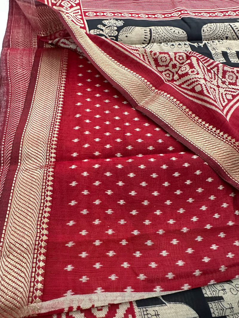 Black X Red Soft Printed Kalamkari Chanderi Saree