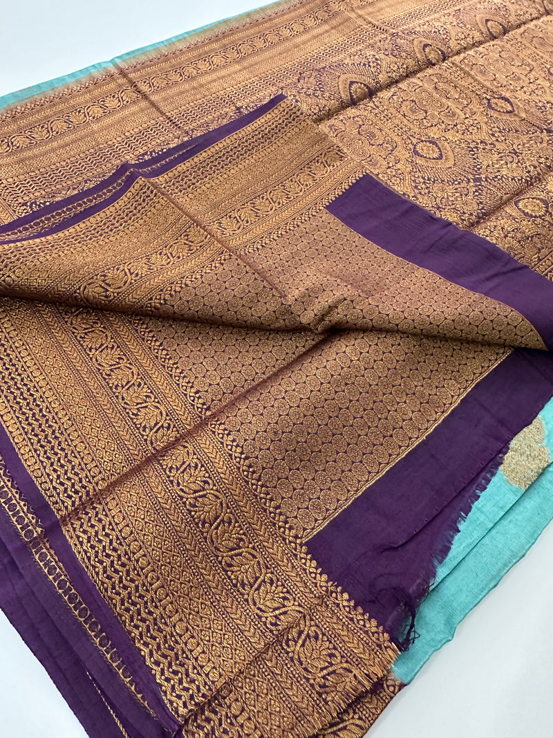 Pastel Blue x Purple Tussar Cotton Saree with Double Leaf Butta All Over JU24