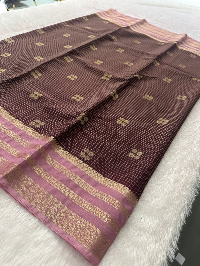 Semi Crepe Checks Saree - Brown x Pink AU25
