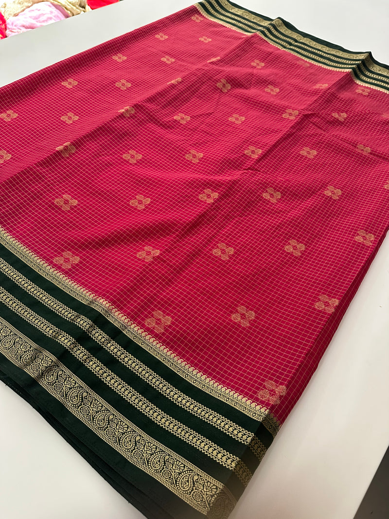 Semi Mysore Silk Checks Saree with Butta-AU16