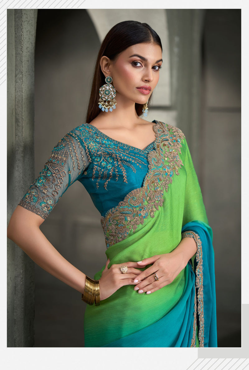 SW-1709 — MAJESTIC SHADED SARTIN CHIFFON SAREE & BANGLORE WORK BLOUSE
