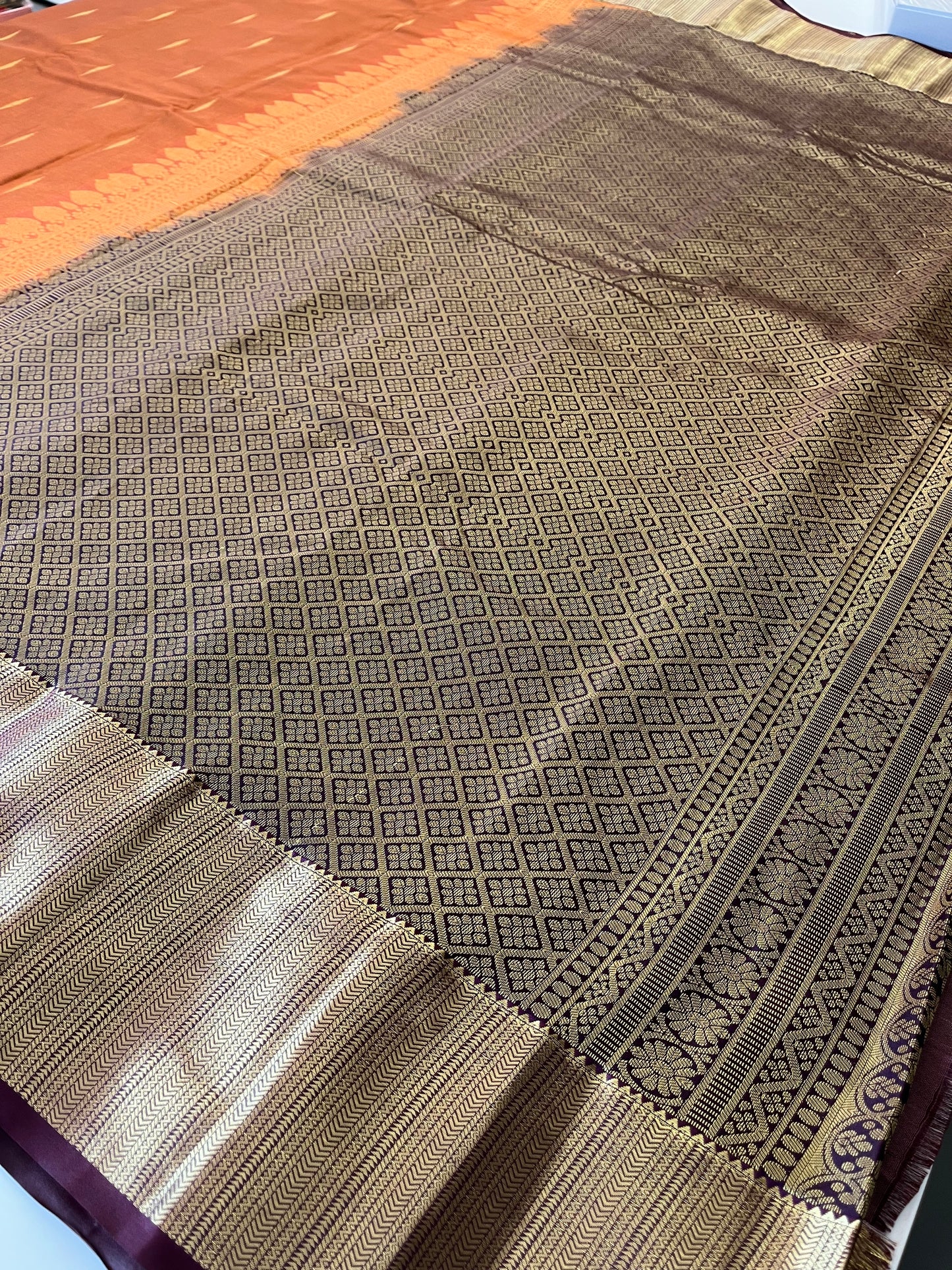 Rust orange x deep wine semi Pattu saree