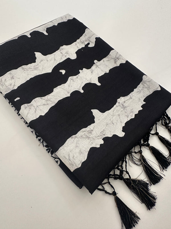 Black and White Tussar Printed Saree- JU29