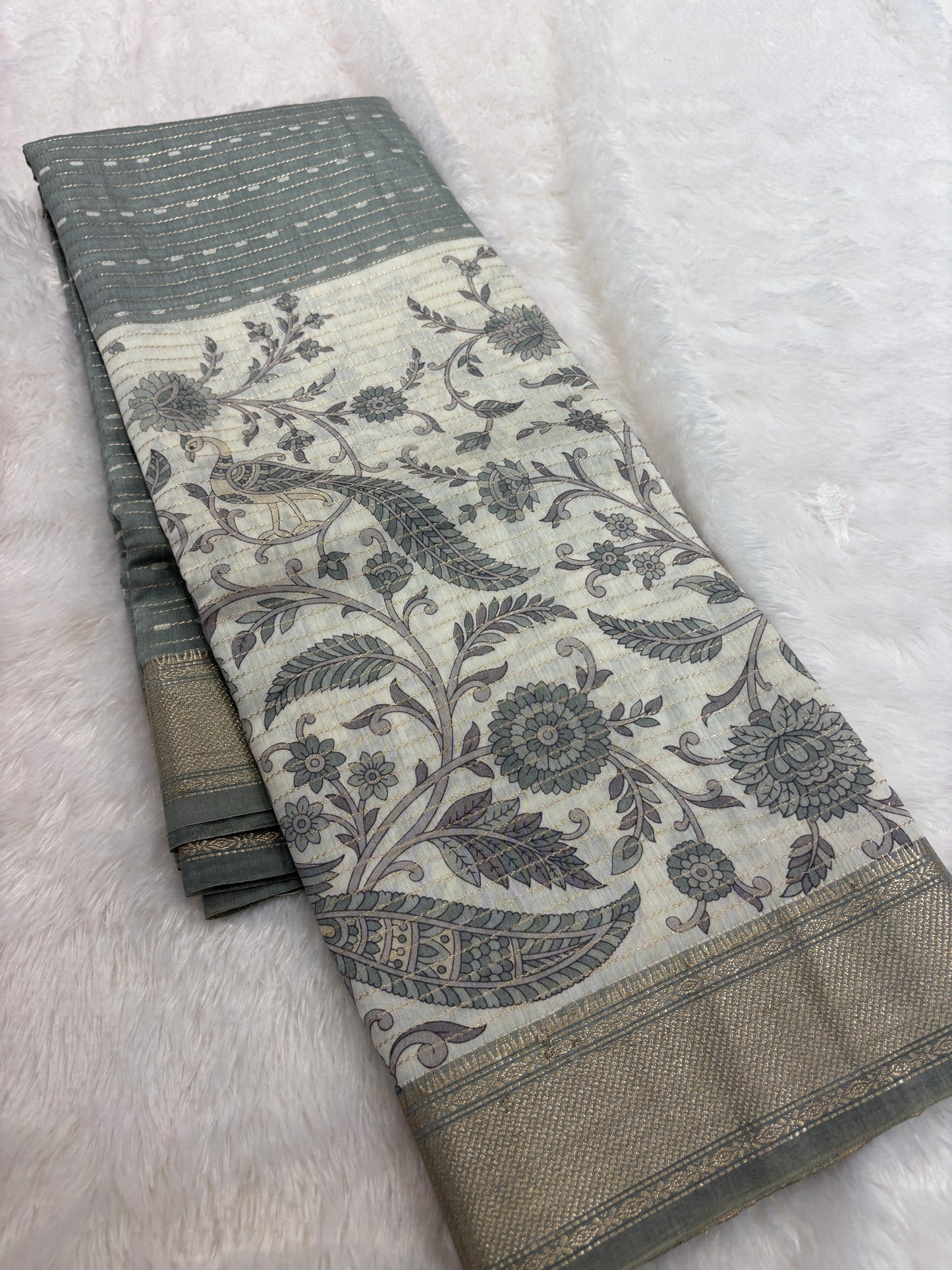 Grey Floral Chanderi Cotton Saree-M101