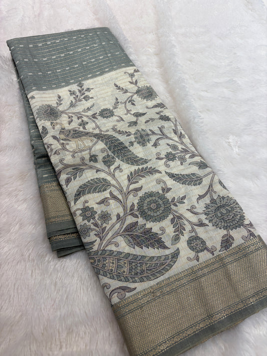 Grey Floral Chanderi Cotton Saree-M101