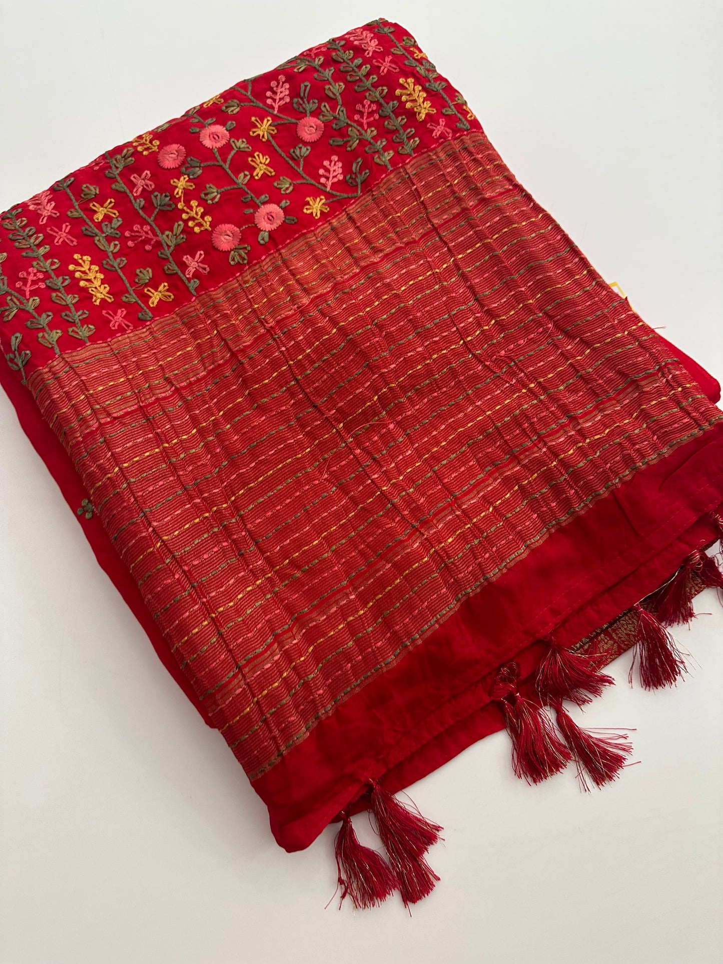 Pure Tussar Silk With Katha Work and Embroidery Buttas in Premium Finishing🦋 🌹-JU16