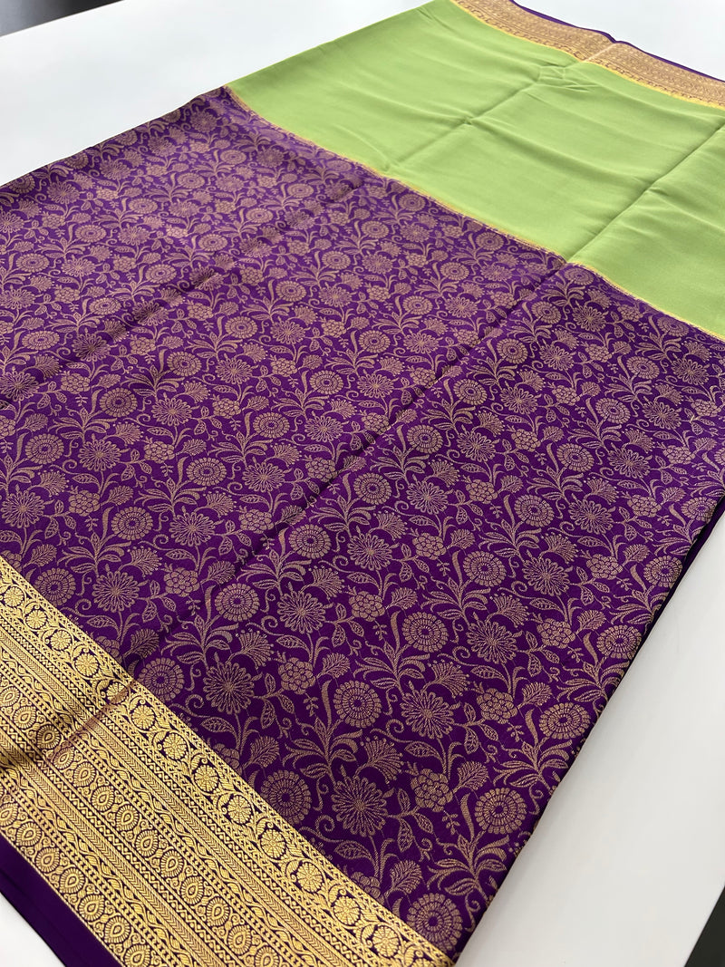 Pure 120GSM Mysore Crape Silk Sarees🌹 Silk Mark Certified 🦋
Comes in Golden Zari in Half Brocade Half Plaim Concept🌹-JU31