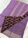 Lavender Viscose Silk Saree with Brown Floral Print Blouse SALE