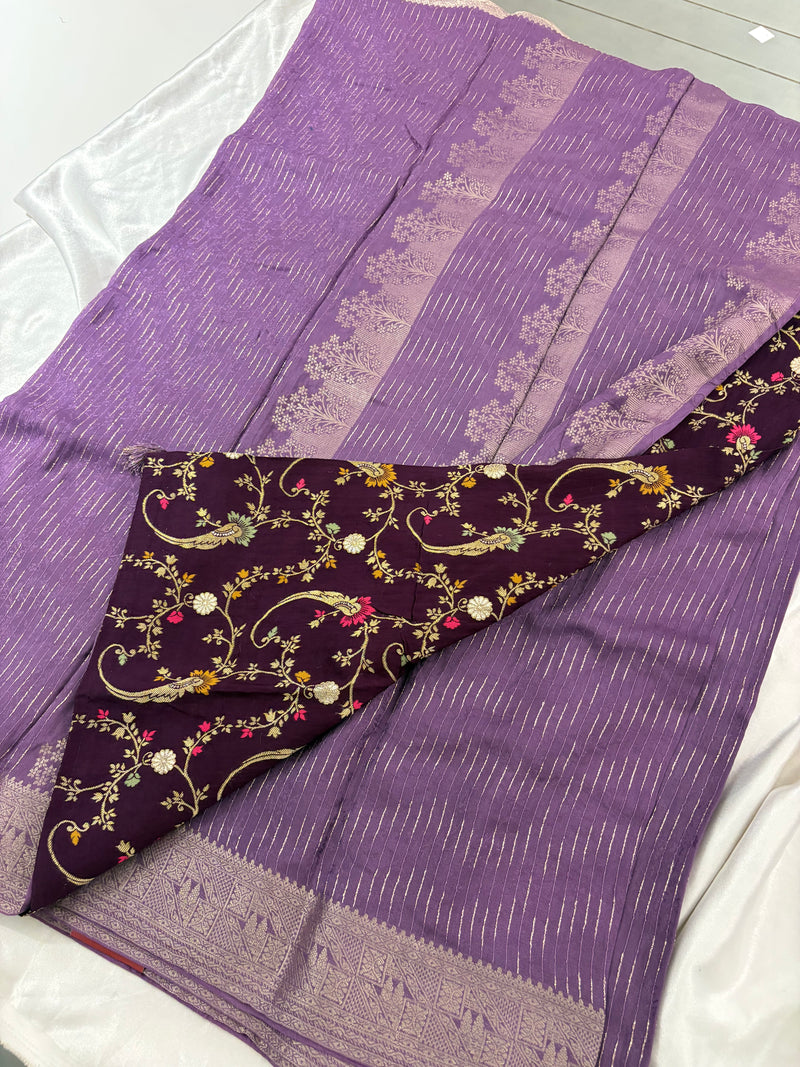 Lavender Viscose Silk Saree with Brown Floral Print Blouse SALE