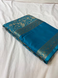 Sapphire Blue Premium Mysore Silk Saree with Kalamkari Floral Brocade AU10