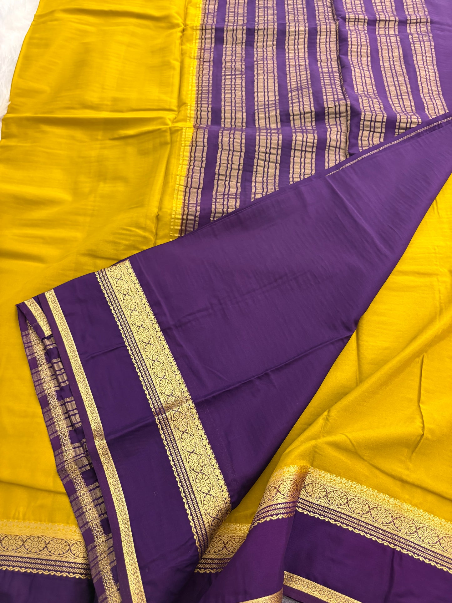 Yellow X Purple Small Bentex Semi mysore Silk Saree-J1117