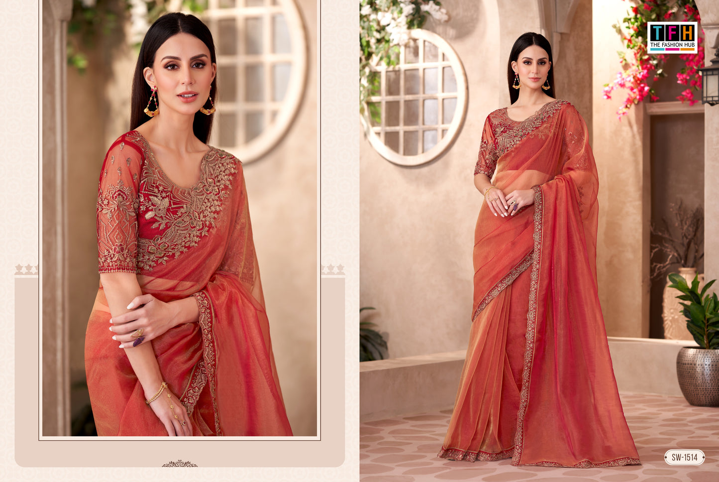 Partywear Orange Organza Designer Saree