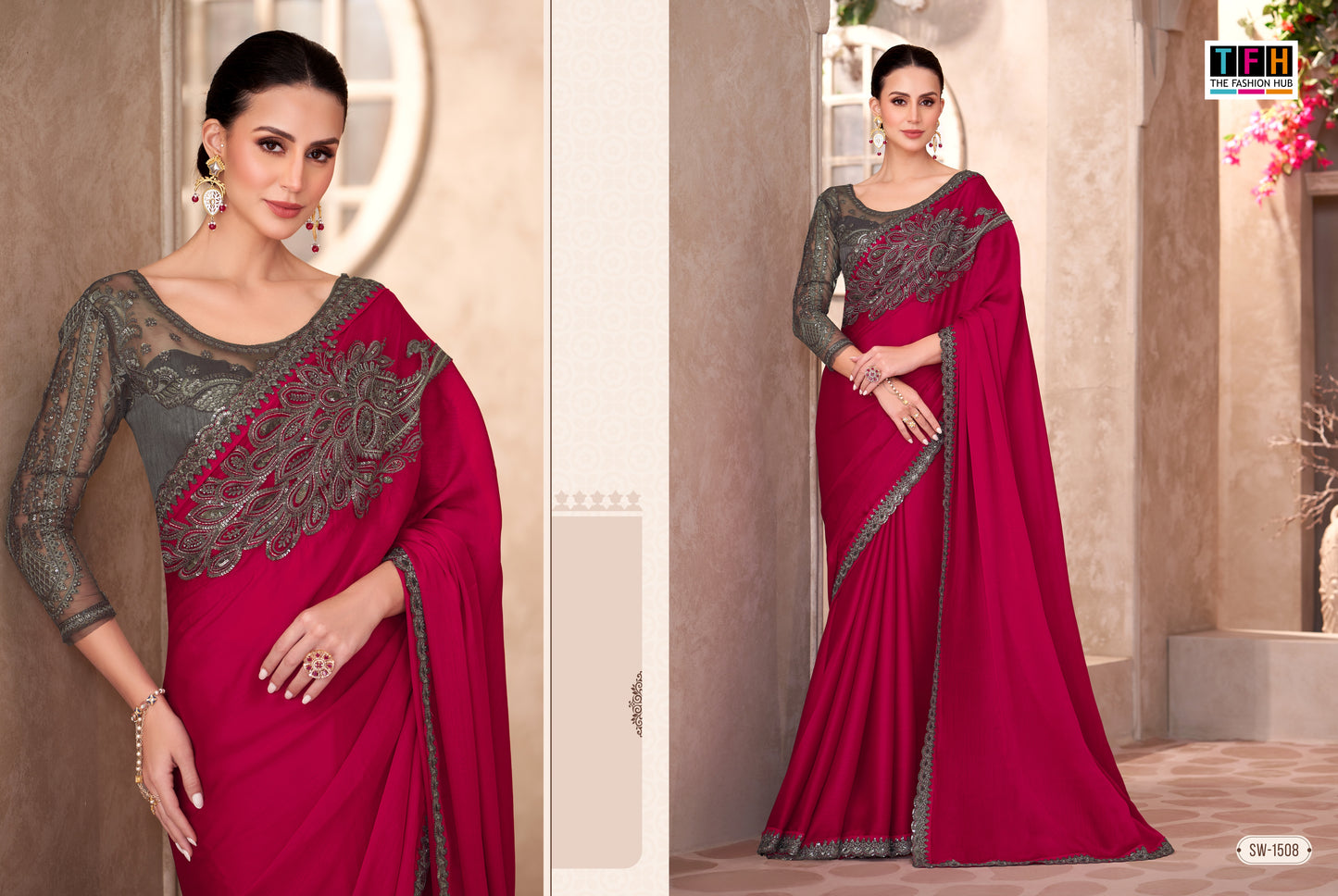 Partywear  Cherry Red Designer Saree