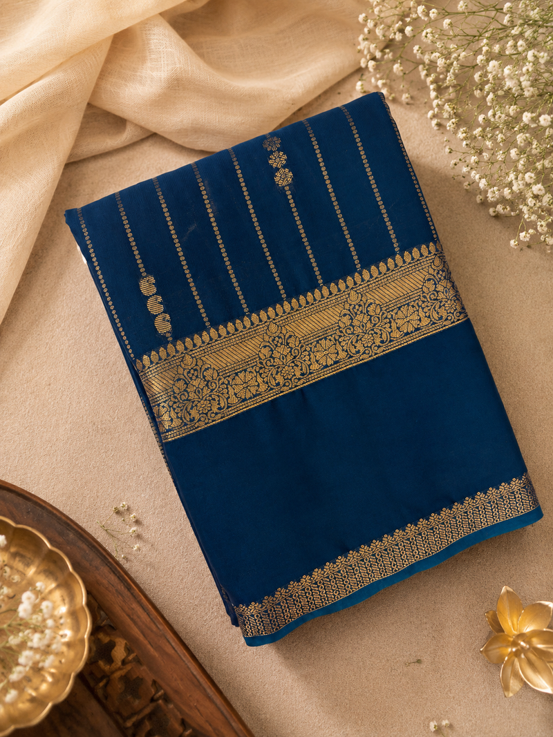 PEACOCK BLUE STRIPE SEMI CREPE SILK SAREE-J17