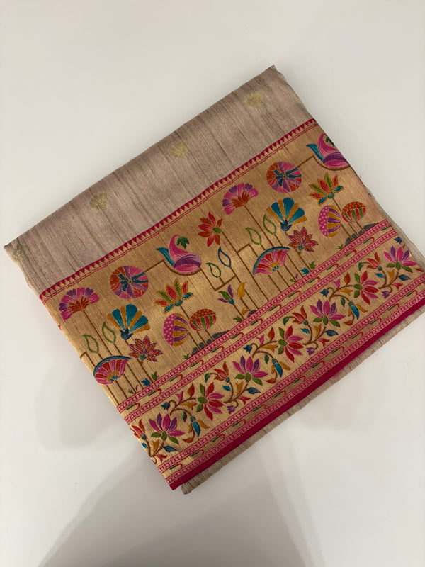 Beige Pink Raw Silk Paithani Border Designer Saree