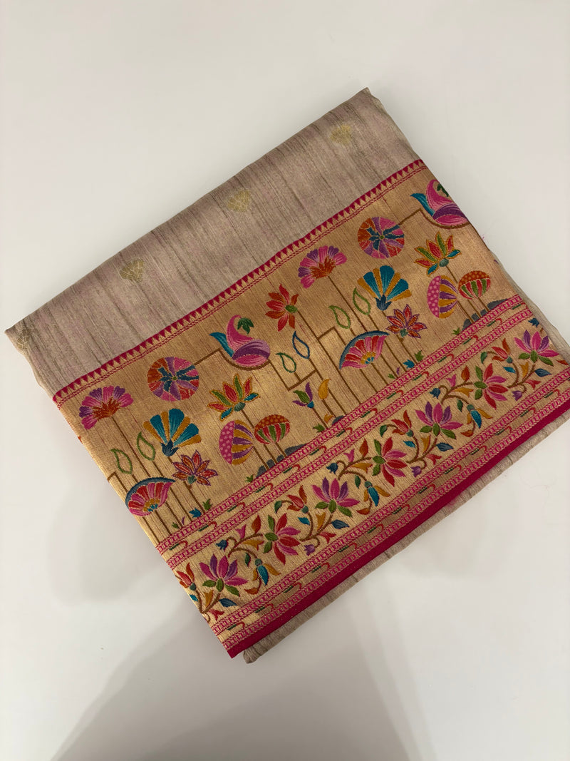 Beige Pink Raw Silk Paithani Border Designer Saree - JU17