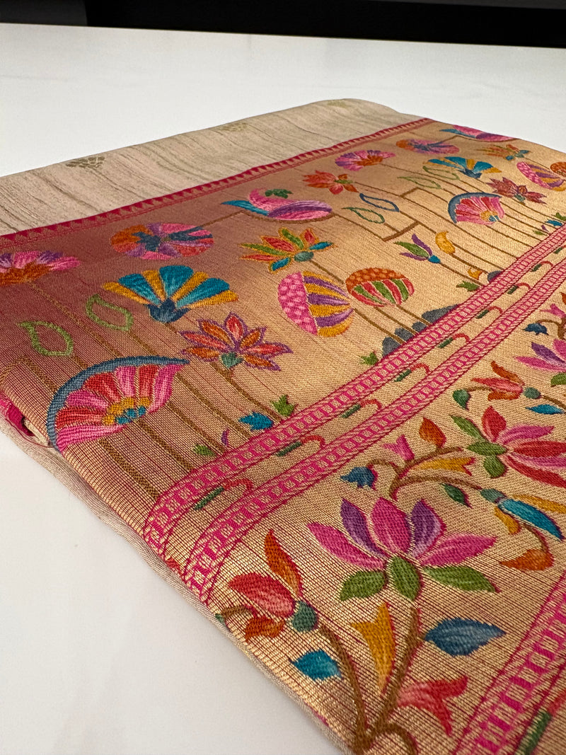 Beige Pink Raw Silk Paithani Border Designer Saree - JU17