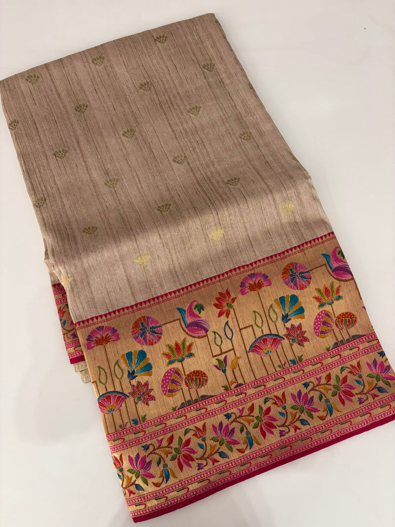 Beige Pink Raw Silk Paithani Border Designer Saree - JU17