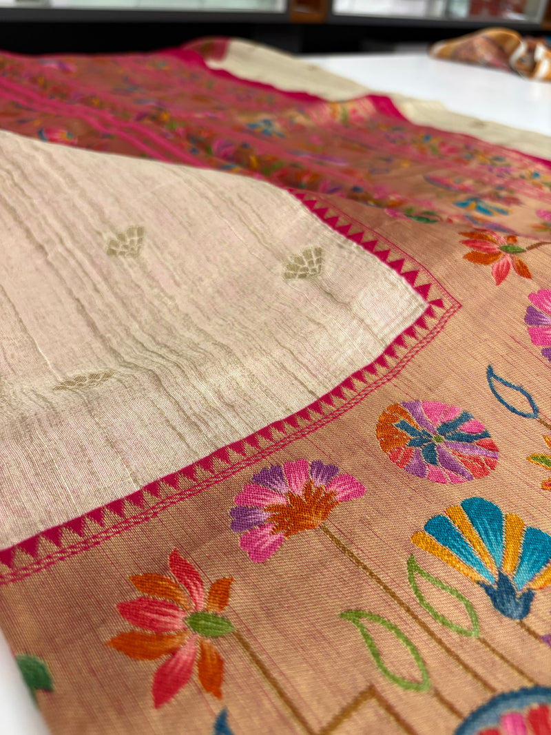 Beige Pink Raw Silk Paithani Border Designer Saree - JU17