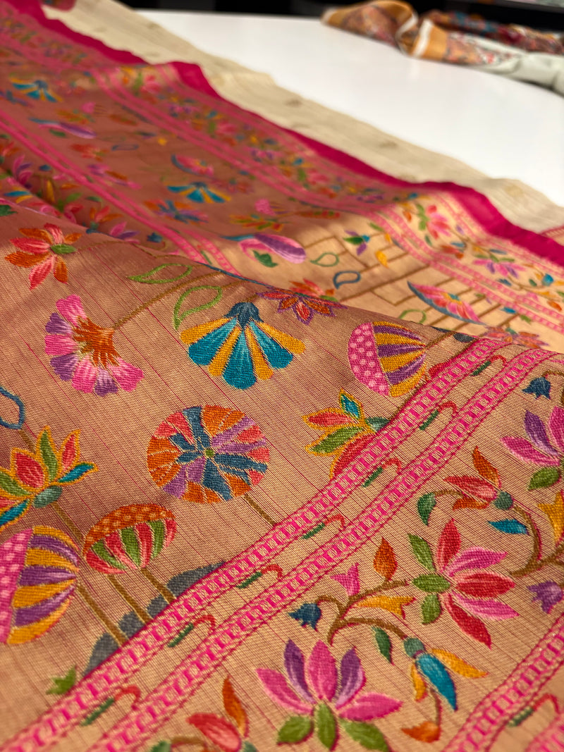 Beige Pink Raw Silk Paithani Border Designer Saree - JU17