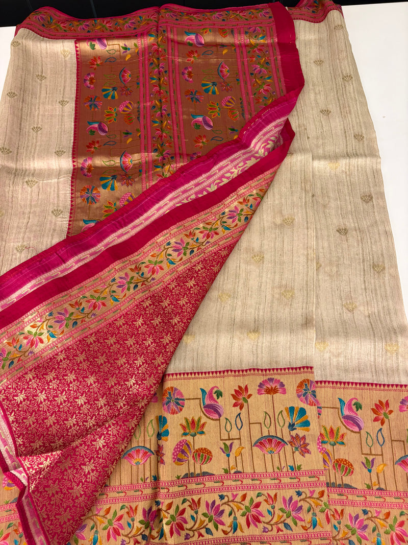 Beige Pink Raw Silk Paithani Border Designer Saree - JU17