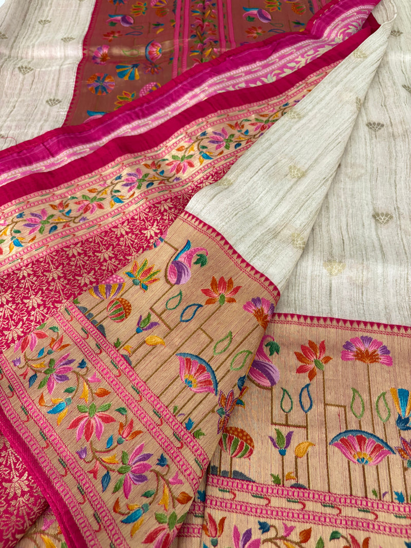 Beige Pink Raw Silk Paithani Border Designer Saree - JU17