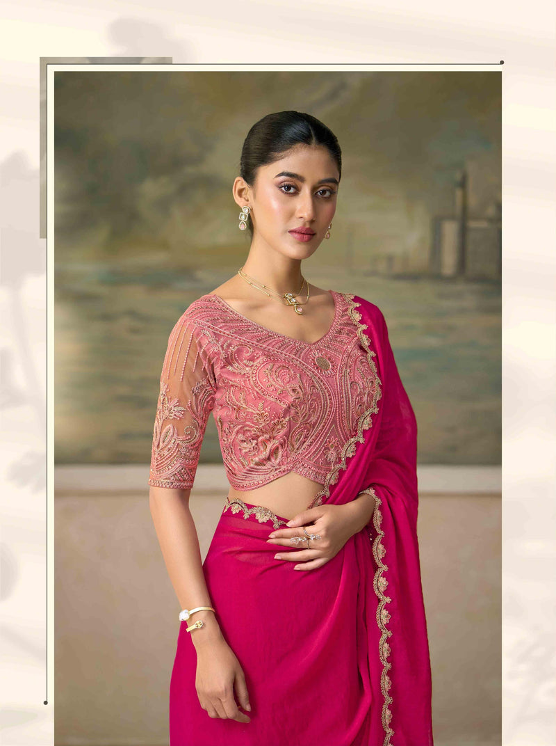 Rani Pink Shining Georgette Saree with Embroidered Border PARTY