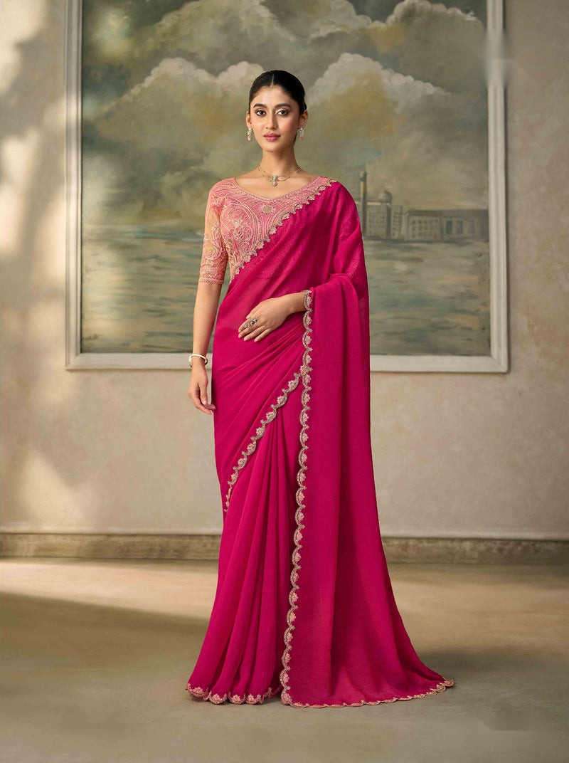 Rani Pink Shining Georgette Saree with Embroidered Border PARTY