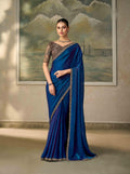 Electric Blue Satin Silk Saree with Embroidered Border PARTY