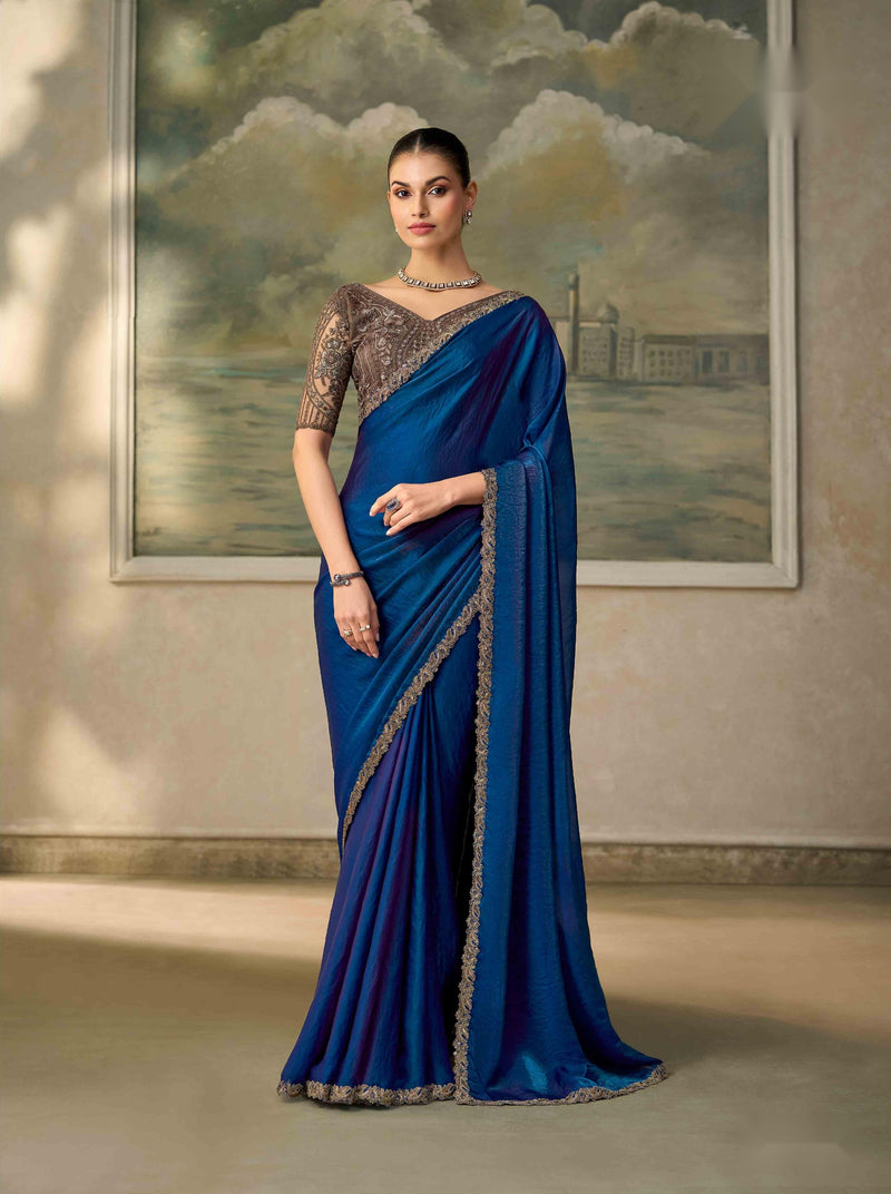 Electric Blue Satin Silk Saree with Embroidered Border PARTY