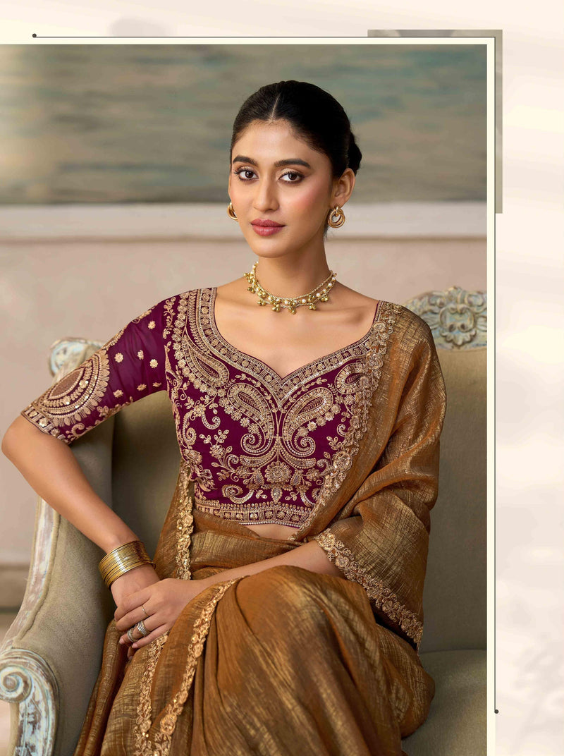 Golden Chickoo Georgette Saree with Embroidered Border PARTY